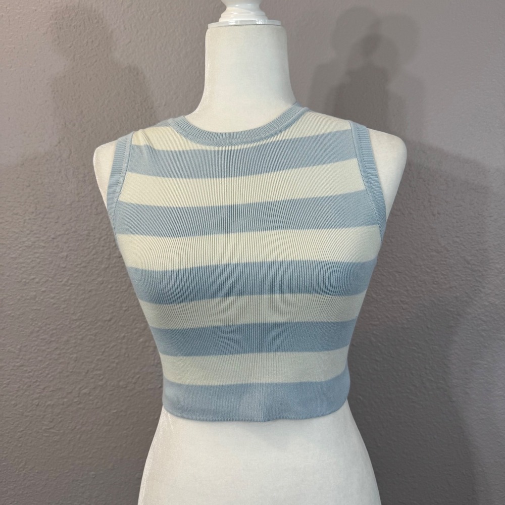 Zara‎ Women's Size M Baby Blue & White Striped Ribbed Knit Tank Top